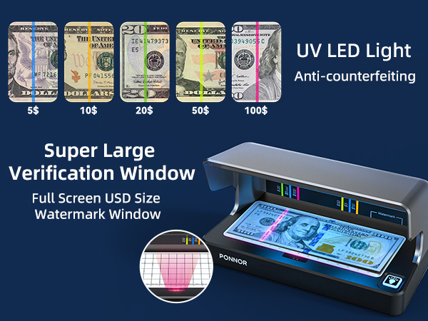 PONNOR AL-12 Counterfeit Bill Detector Money Checker Machine with Dual UV LED Light