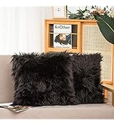 HYSEAS Set of 2 Decorative Faux Fur Throw Pillow Covers, Black Fluffy Soft Fuzzy Square Cushion C...