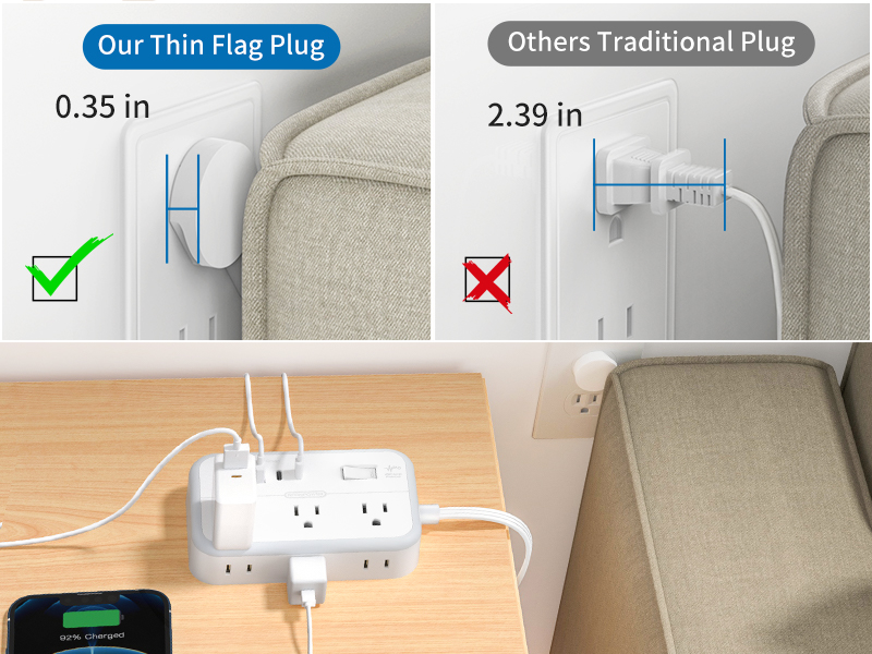Flat Extension Cord Outlets Extender Flat Plug Power Strip surge protector with multiple usb ports