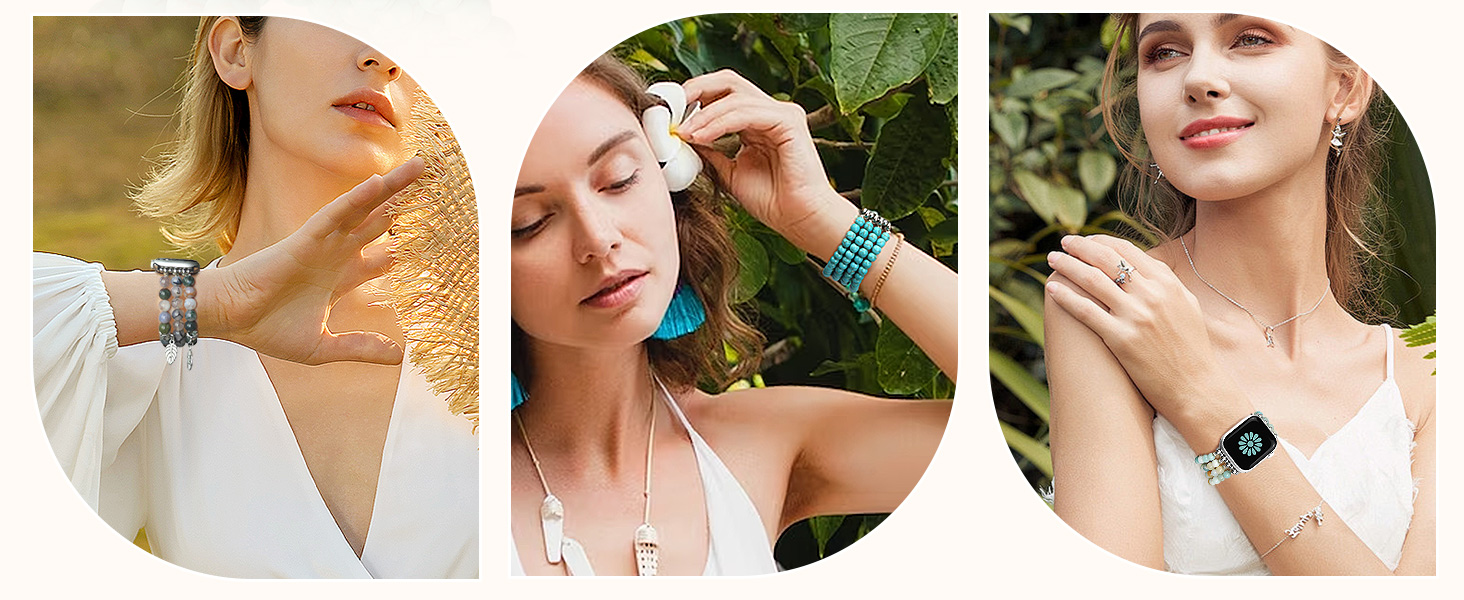 Natural Stone Bracelet Beaded Apple Watch Bands for Women Feminine Handmade Elastic Stretch Strap