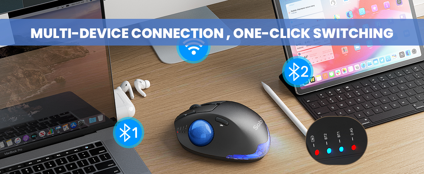 Wireless Trackball Mouse, Ergonomic Bluetooth Rechargeable Computer Mouse-Blue Ball