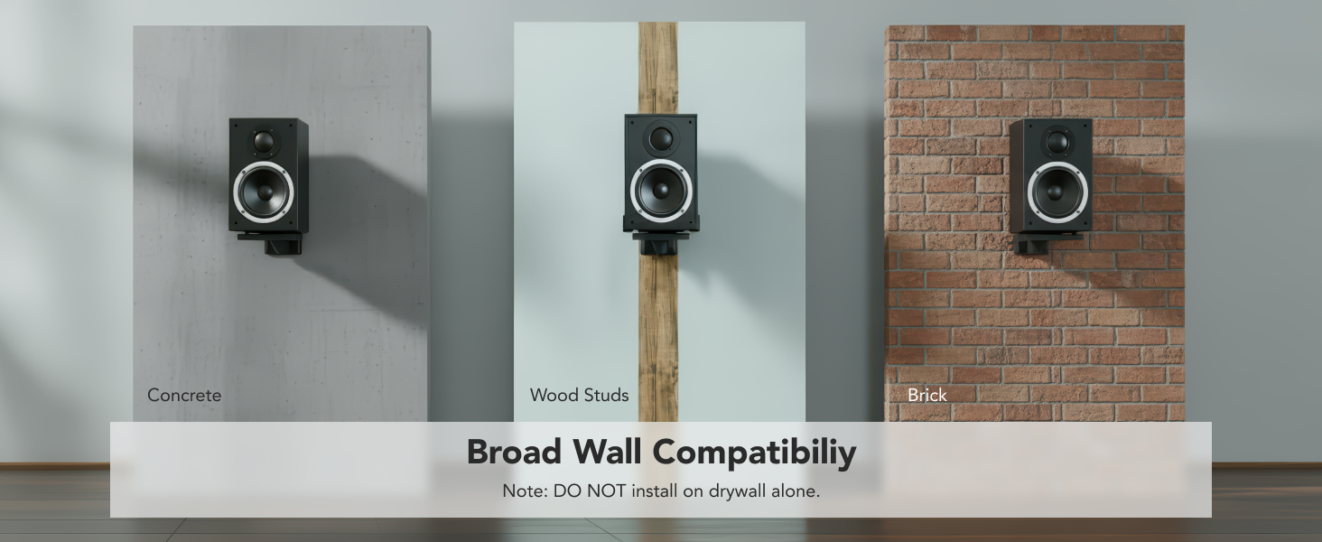 Speaker wall mount installed on drywall, concrete, and brick wall surfaces.