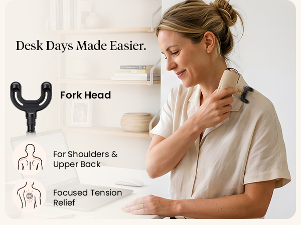Woman at a desk uses the fork head on her shoulder beside a laptop and attachment image.