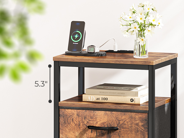 Nightstand with Charging Station, 27.6 Inch Side Table with Fabric Drawers