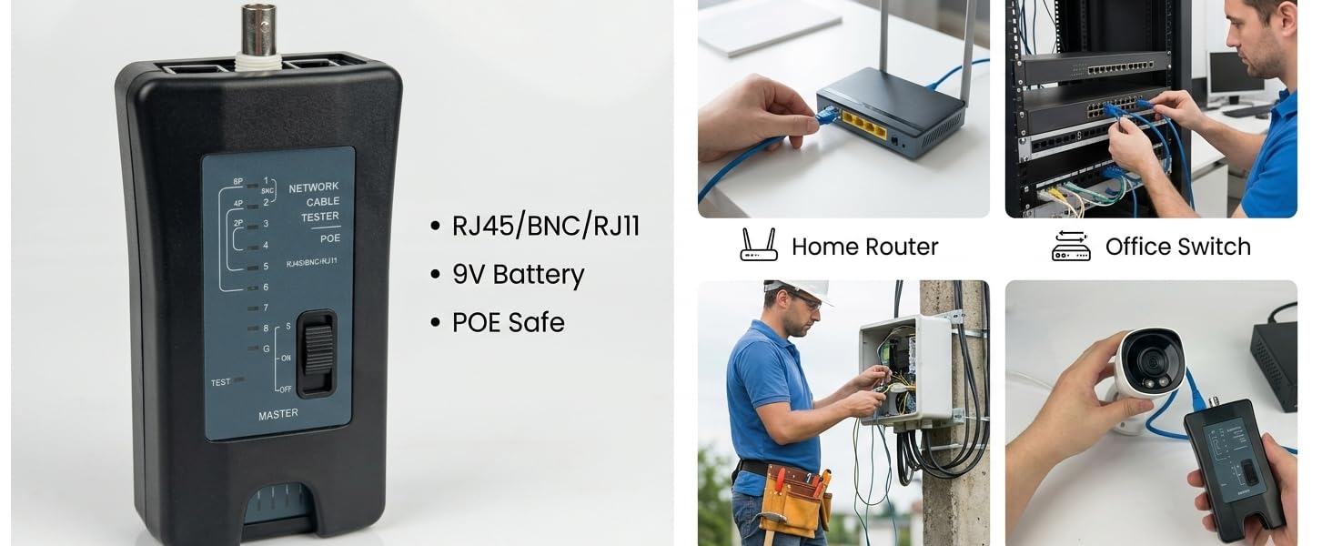 RJ45 BNC RJ11 tester,POE anti-burn,9V powered. Tests wire,faults for router,switch &amp;amp; IP camera.3333