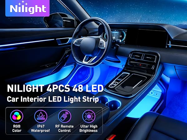 4PCS 48 LED Interior Lights DC 12V Multicolor Music Car Strip Light Under Dash Lighting Kit