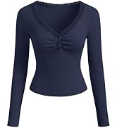 MEROKEETY Women's 2026 Fall Long Sleeve Tops V Neck Lace Trim Ruched Ribbed Button Henley Shirts ...