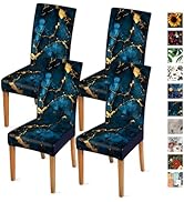 THISFIND Luxury Marble Chair Covers for Dining Room – Stretch Blue and Gold Abstract Pattern Slip...