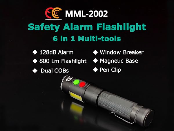 MML-2002 self defense flashlight rechargeable alarms USB C COB light
