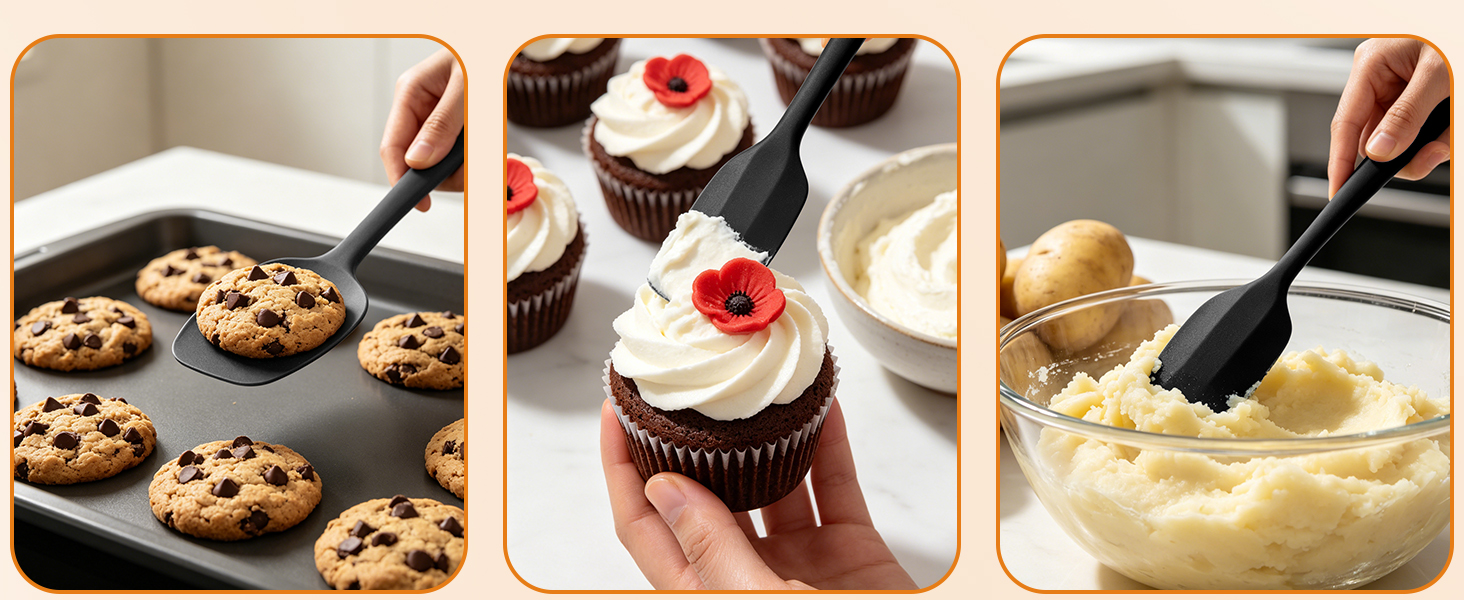 Silicone spatula spreads toast frosting, cakes, and stirs fried rice
