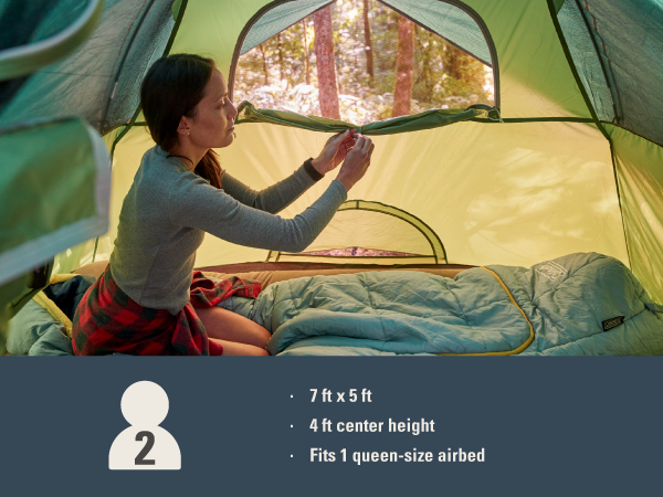 two person tent capacity green window screen sit bed girl plaid air mattress woods weather comfort