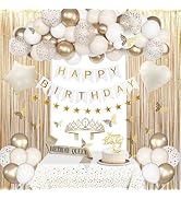 Amandir White and Gold Birthday Decorations for Women | Beige Cream Sand Neutral Foil Balloons Ta...