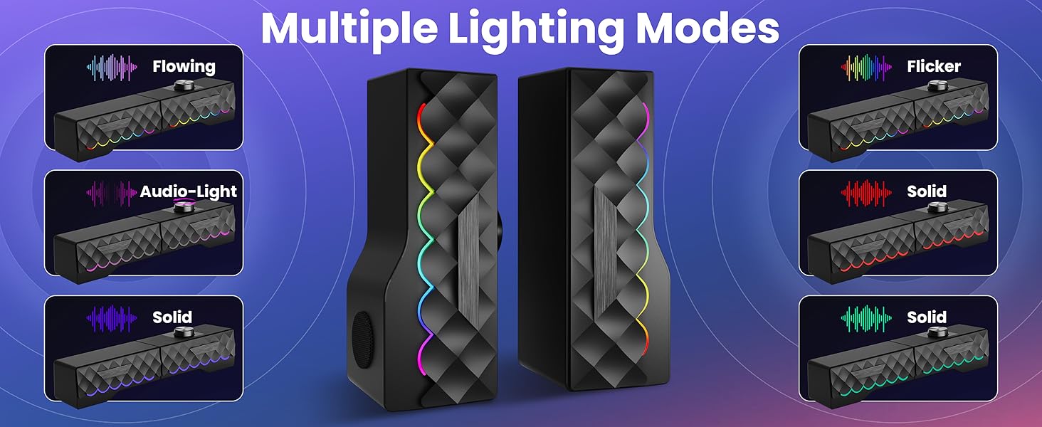 Text reads: 'Multiple Lighting Modes'. Display of identical electronic devices shown in different lighting conditions with purple and blue background illumination.