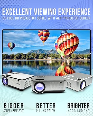 Advertisement for C9 Full HD projector series featuring projector images, hot air balloon scenery, and text highlighting viewing experience and brightness.