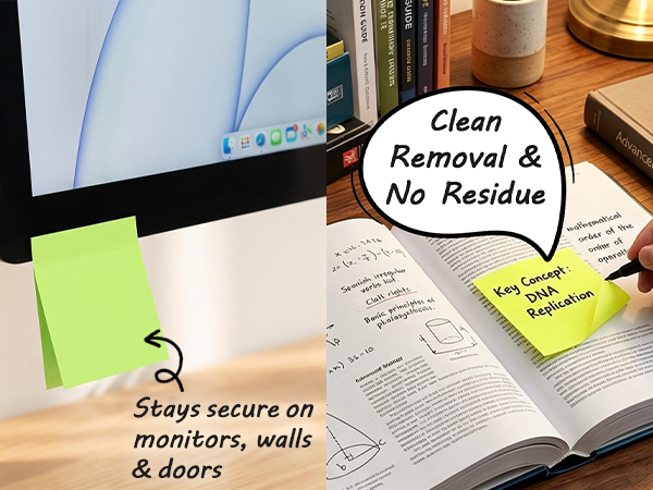 Stays secure on monitors, walls &amp; doors Clean Removal &amp; No Residue