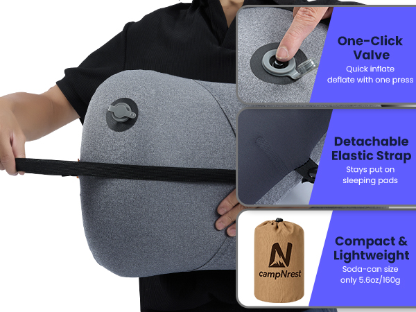 Camping pillow features: one-click valve, elastic strap, and carry pouch