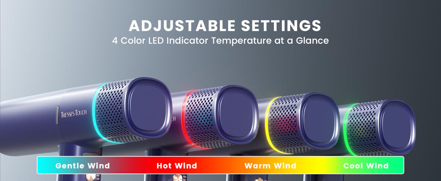 Text reads 'ADJUSTABLE SETTINGS' with color gradient bar showing multiple illuminated spherical objects in different colors from purple to green.