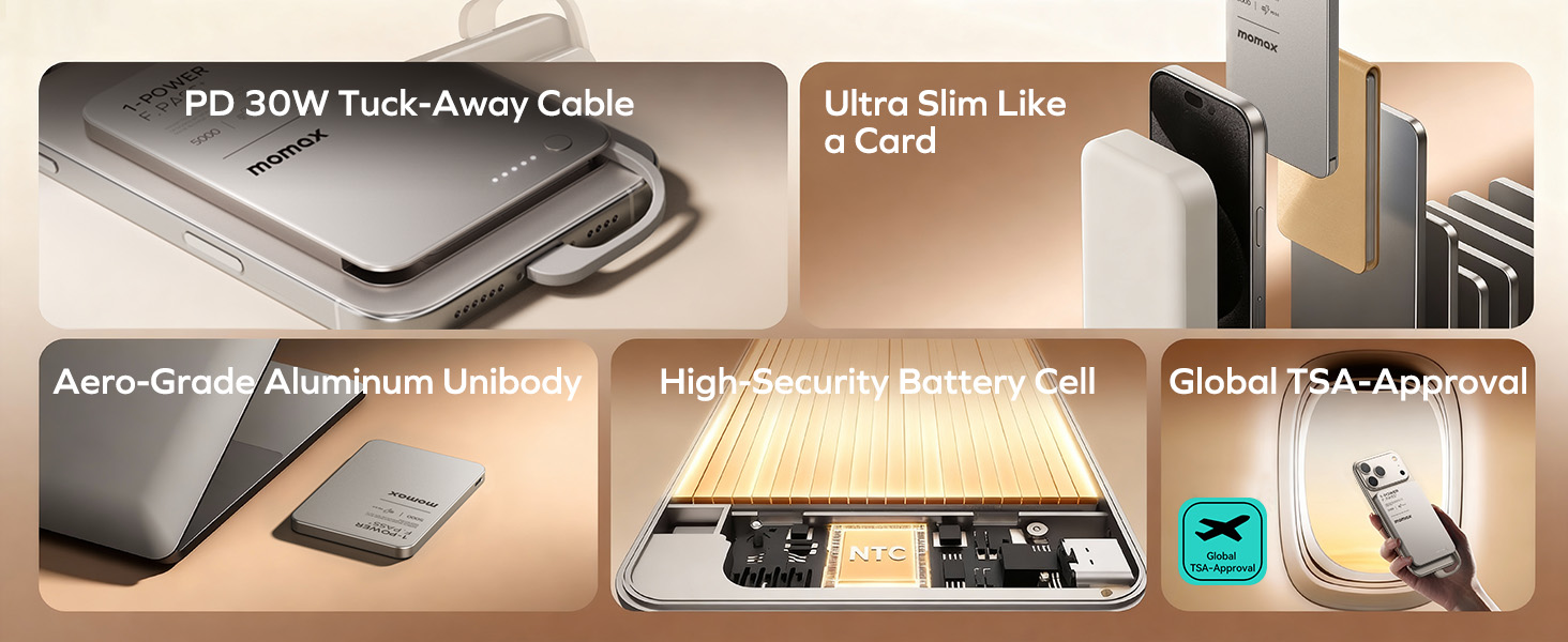 Text reads 'PC 35W Lock Away Case', 'Aero-Grade Aluminum UniBody', 'High-Security Battery Cell', 'Global TSA Approval'. Technical product showcase with metallic components.