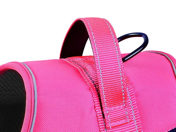 Helpful top handle and metal clip for leash attachment