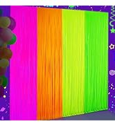 Glow in The Dark Tinsel Curtains 4 Pack - Neon Party Decorations 3.3x6.6ft UV Reactive Fluorescen...