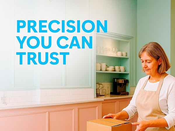 Text reads 'PRECISION YOU CAN TRUST' in bright blue letters. Kitchen setting with wooden cabinets and shelving displaying dishware.