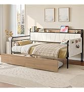 LIKIMIO Daybed with Storage Drawers, Twin Day Bed Frame with Boucle Upholstered Headboard and Cha...