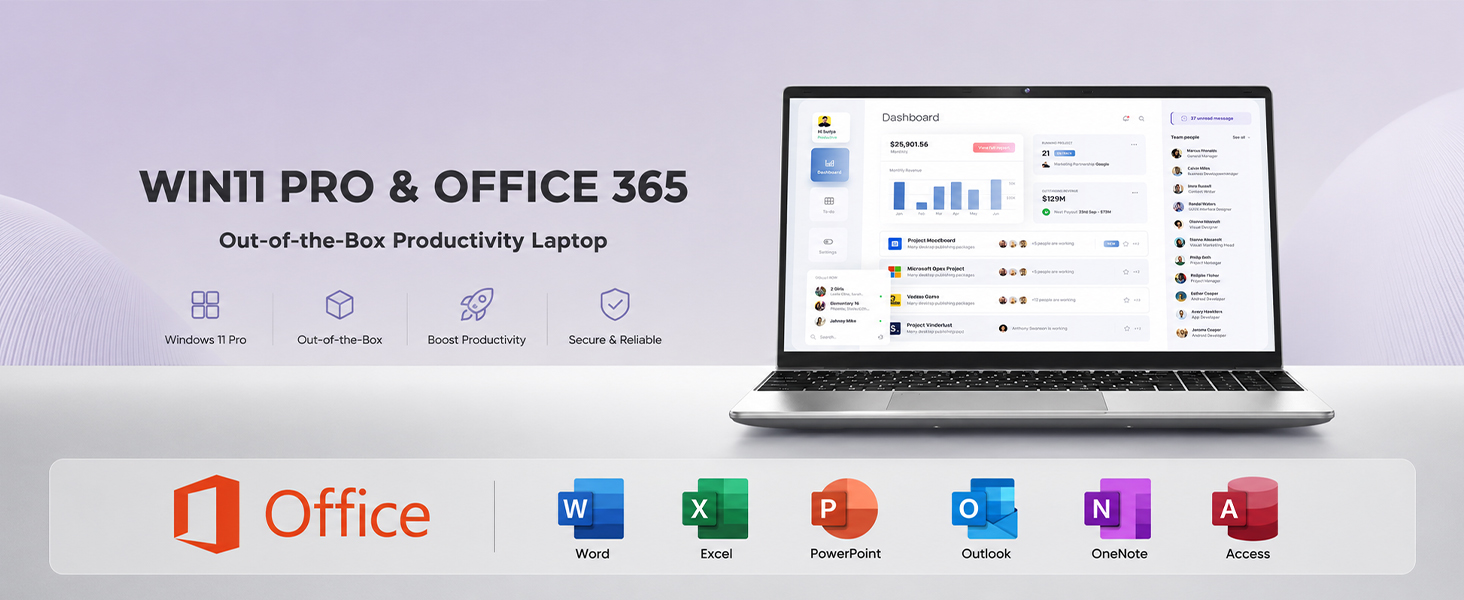 Slim business laptop preinstalled with windows 11 pro and office 365 for work study