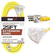 IRON FORGE CABLE 25 Foot Lighted Outdoor Extension Cord with 3 Electrical Power Outlets - 12/3 SJ...