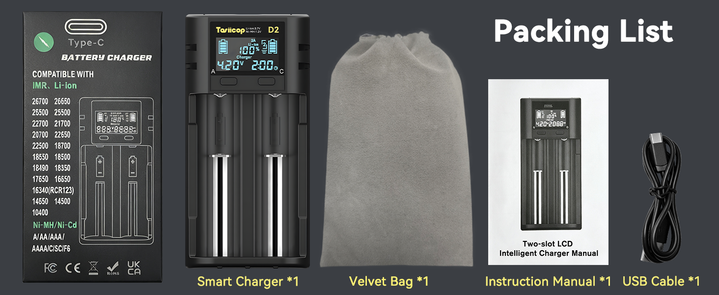 D2 18650 Battery Charger-2 Bay 1A Fast 3.7V 1464(7)