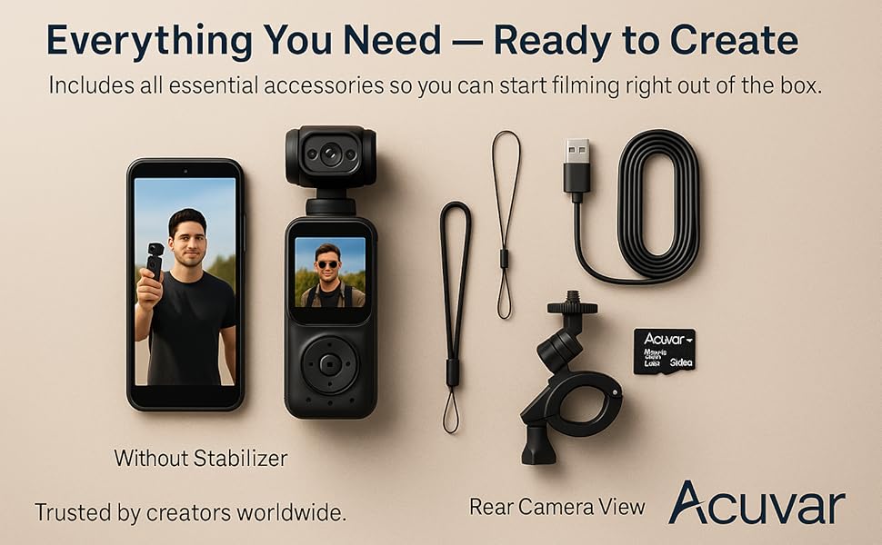 Acuvar 4K Dual Camera kit includes SD card, mount, cable, and lanyard ready to film