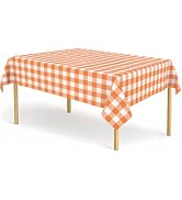 CINSOEN 2 Pack Orange and White Checkered Tablecloth Orange Gingham Plastic Table Cloths for Part...