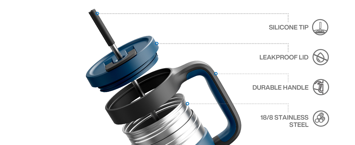 Detail - silicone tip, leak-proof lid, PowGrip handle, 18/8 stainless steel.