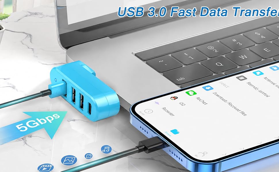 4-Port USB 3.0 Hub [90°/180° Degree Rotatable], USB Splitter USB Extender for Laptop, Car, Blue