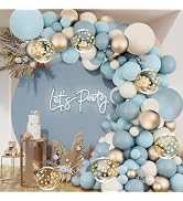 Dusty Blue Balloon Garland Kit, Dusty Slate Fog Baby Blue Metallic Gold Sand White Balloons and G...