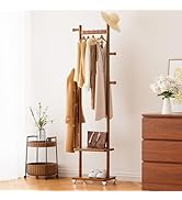 Solid Wood Coat Rack Freestanding Clothing Rack with Wheels &amp; 2 Shelves Storage &amp; 5 Hooks Heavy D...