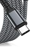 Close-up of a USB-C cable connector with black metal housing and braided gray and black fabric cord. The cable appears durable and high-quality.