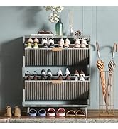 QIVOMIX Shoe Cabinet Storage,Modern Freestanding Organizer with 2 Flip Drawers,Narrow Shoe Rack C...