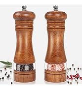 FUSHUI 2Pcs Wood Salt and Pepper Grinder Set, Salt and Pepper Shaker Set with Acrylic Window, Adj...