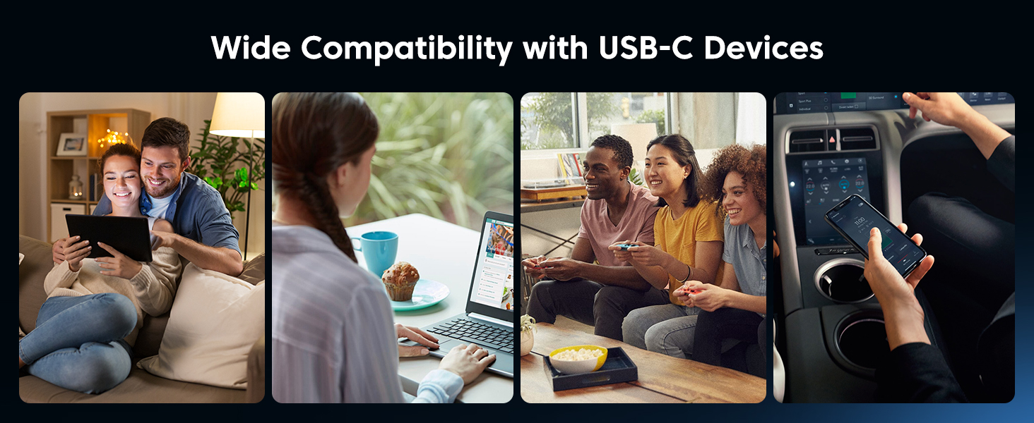 Split image showing USB-C device compatibility in various settings: home couch, office desk, cafe meetup, and car dashboard. Demonstrates wide range of device connections and usage scenarios.