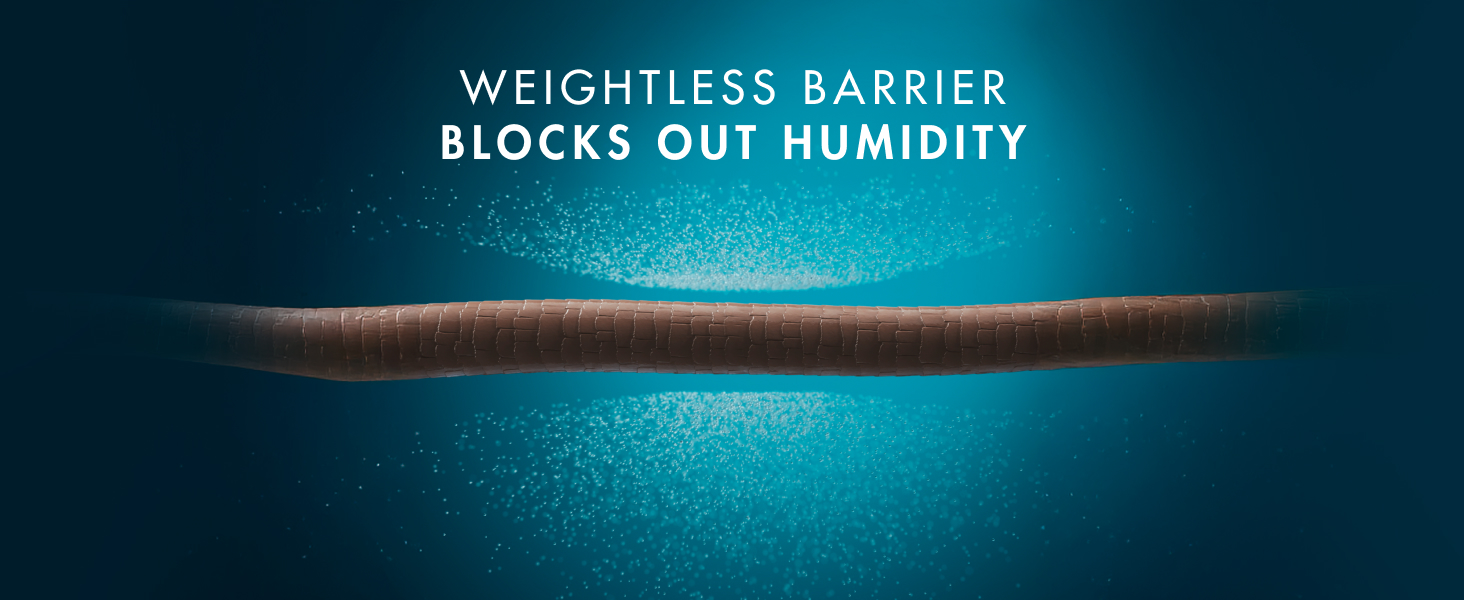 Digital closeup of hair strand with a barrier that blocks humidity under some titles.