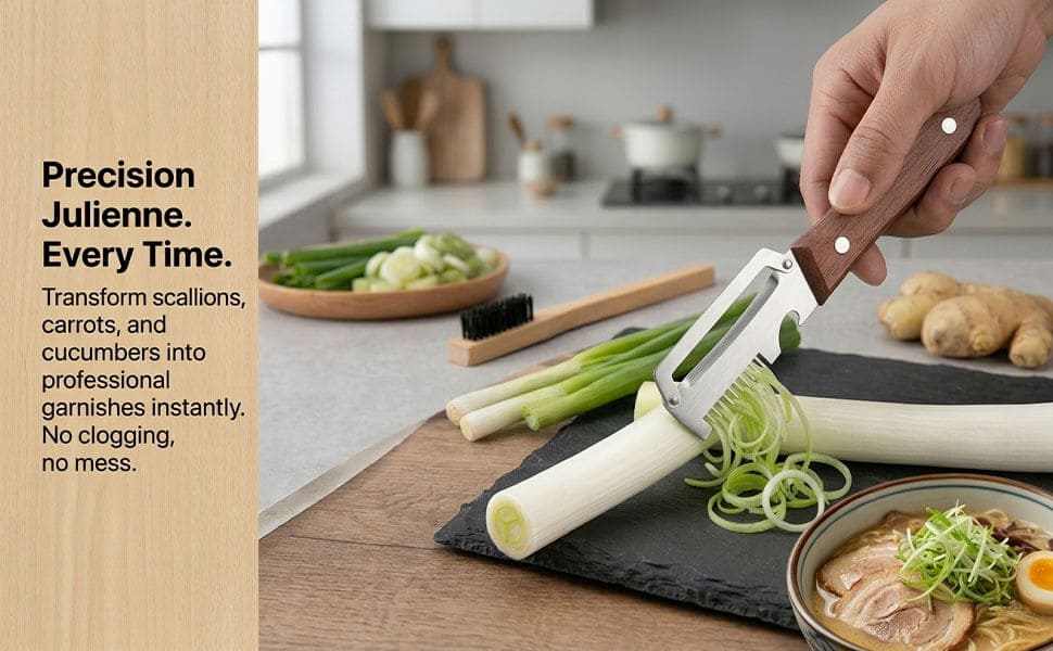Precision Julienne.Transform scallions,carrots, andcucumbers intoprofessionalgarnishes instantly