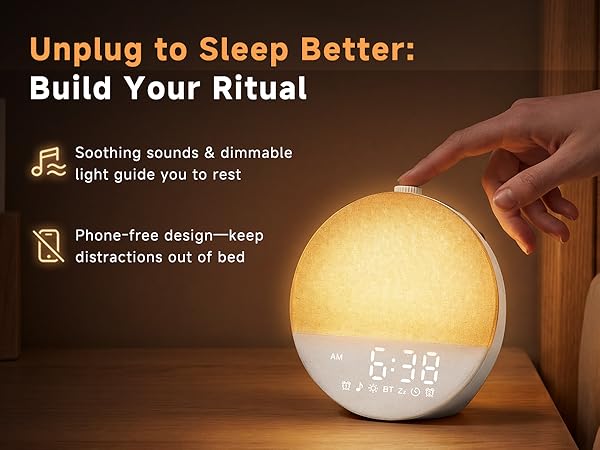 Phone-free design-keep distractions out of bed,Soothing sounds &amp; dimmable light guide you to rest