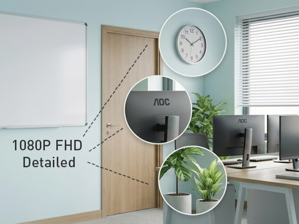 Text reads '1080P FHD'. Modern home interior setting with security camera views showing kitchen and living areas with timestamp overlay.