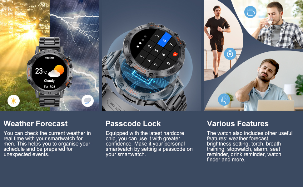 Smartwatch with circular display showing weather forecast, passcode lock, and fitness tracking features. Metal band and digital interface visible.