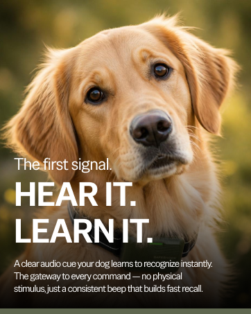 Closeup of golden retriever with ears perked forward listening attentively, SafeShock collar on neck