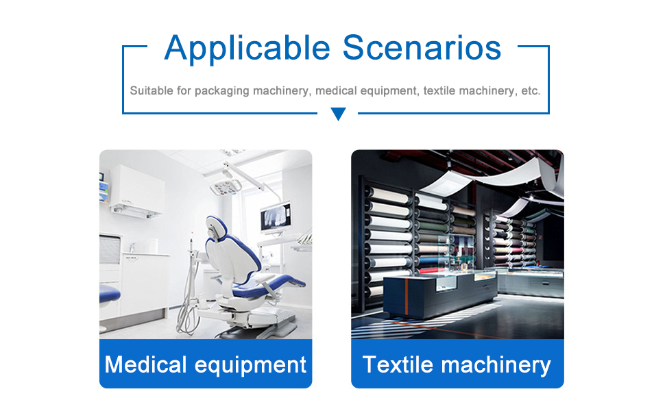 Application scenarios diagram showing two industrial settings: medical equipment room with surgical machinery and textile machinery manufacturing floor.