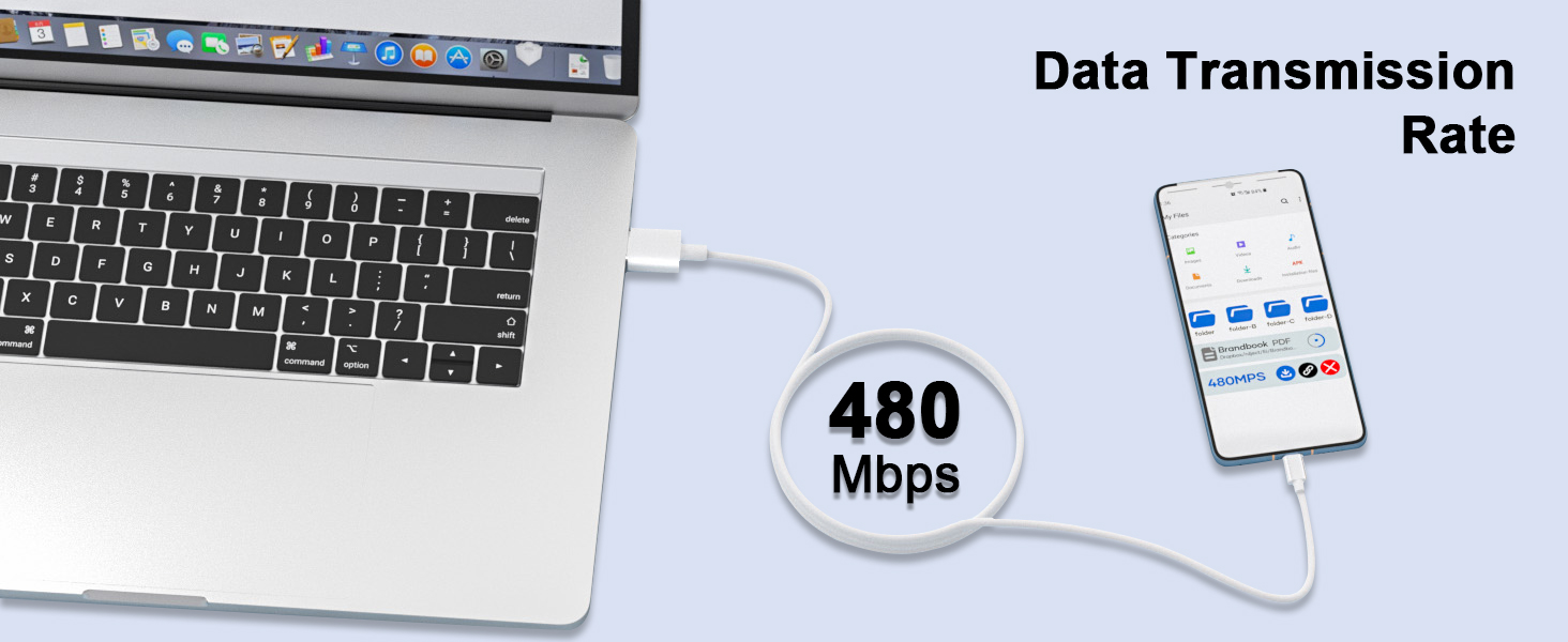 Text reads 'Data Transmission' and '480 Mbps'. Technical diagram showing data connection between laptop and mobile device with specifications.