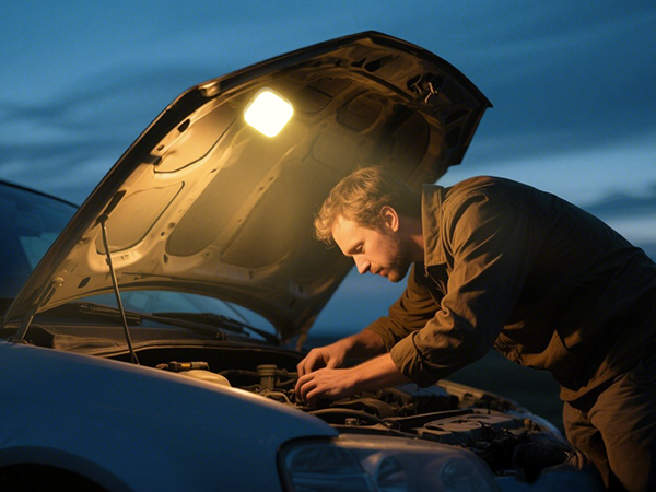 Nighttime scene of person examining car engine under open hood with illumination from engine compartment.