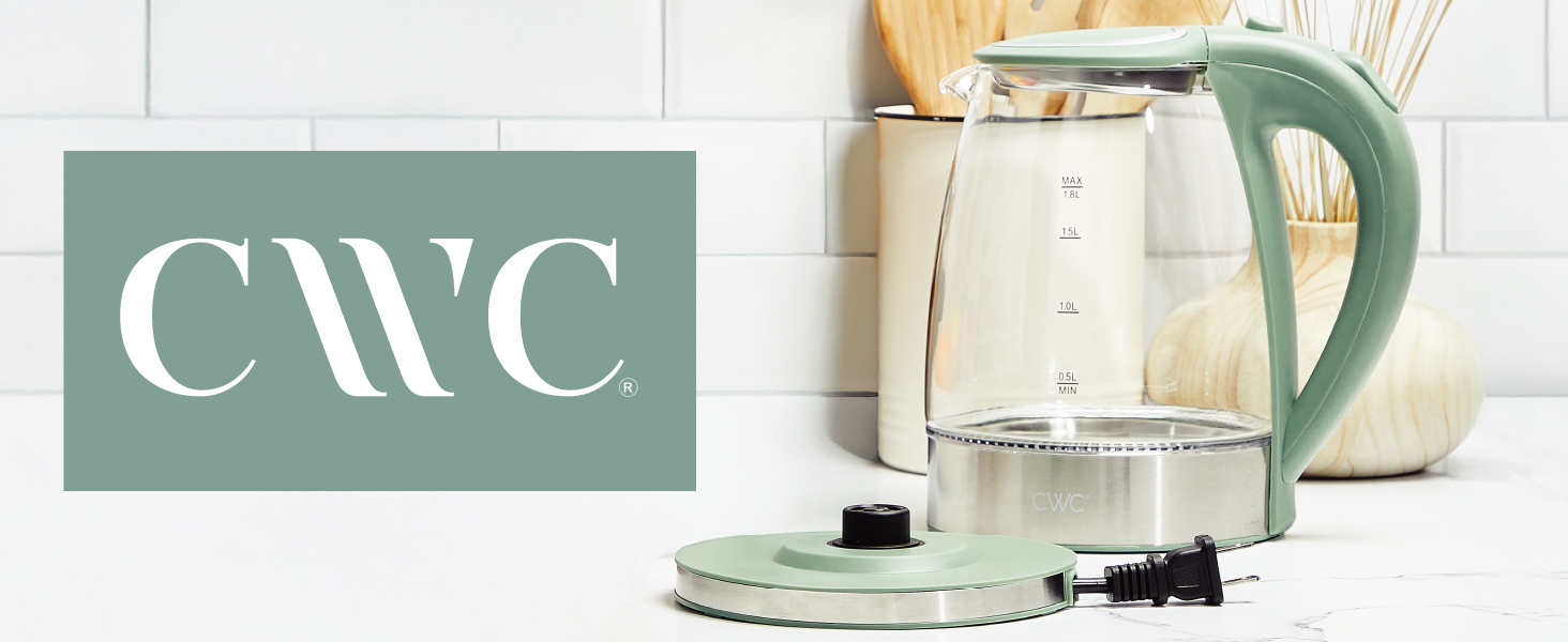 Electric glass tea kettle with stainless steel base and ergonomic handle.