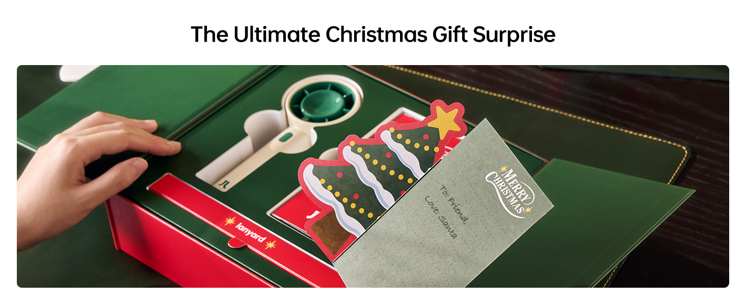 Text reads 'The Ultimate Christmas Gift Surprise' followed by images showing green gift packaging or wrapping material with red accents.